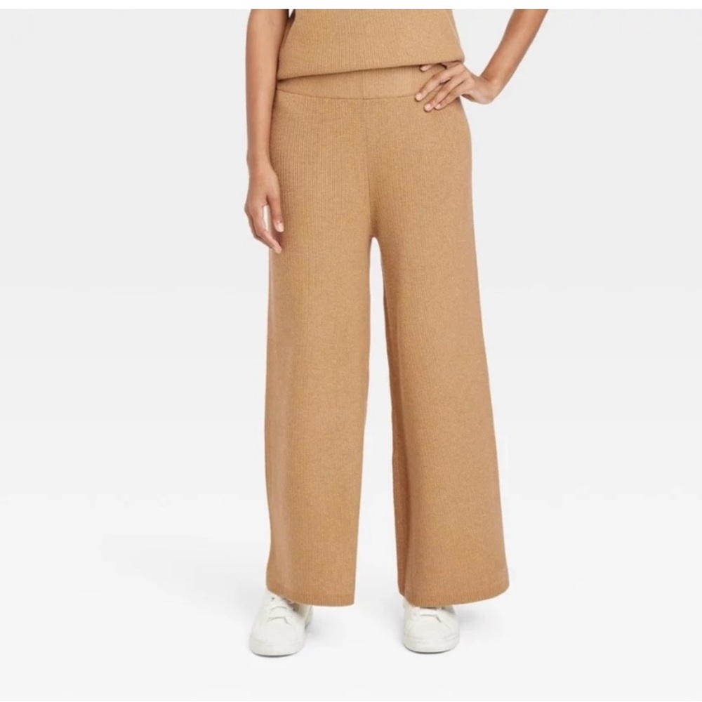 A New Day wide leg ribbed sweater pants tan small NWT